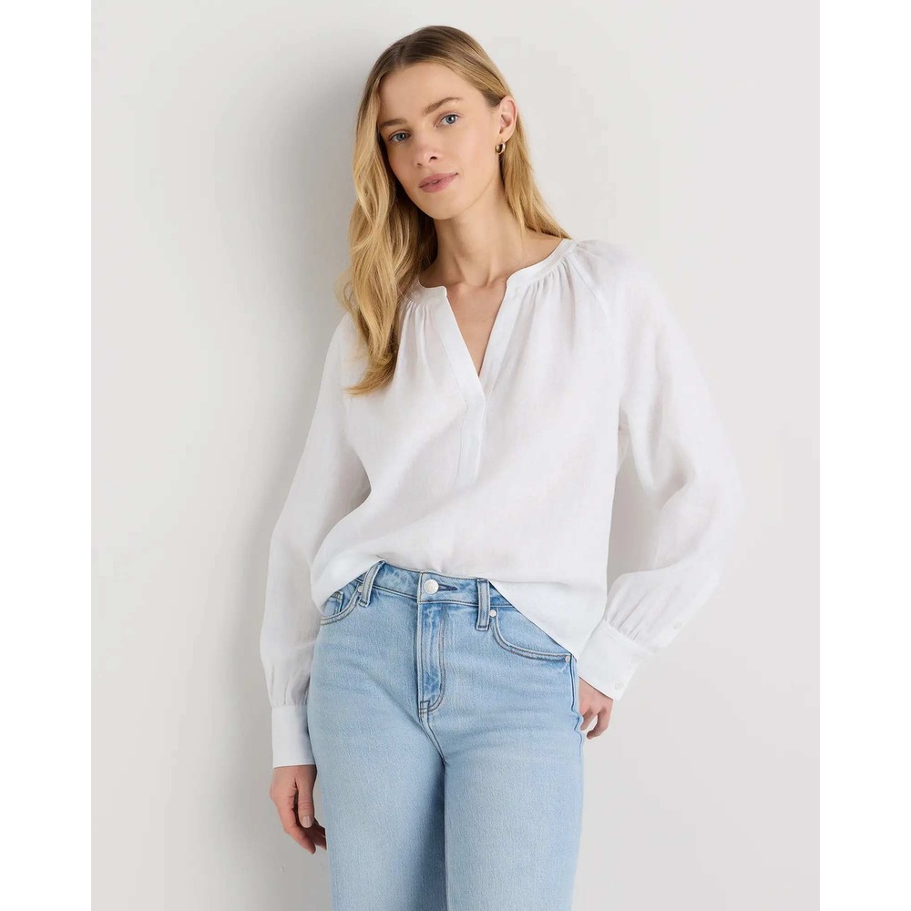 Quince European Linen Peasant Top White Split V-Neck Blouse Large NWT